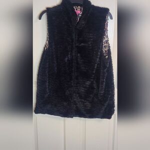 Betsey Johnson L Black Faux Fur Pockets Hook & Eye Collar Pockets Women's Vest